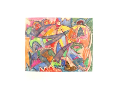 SKU IB09446, watercolor by Abdelkader Benkemoun: abstract colorful face with layered shapes and visible signature at upper left.