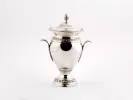 Sterling silver covered jar with two handles, finely guilloched, SKU IB00029.