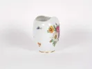 Porcelain vase IB00107, round white vase with floral decoration and gilt rim, shown on a white background.