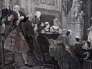 SKU IB00338: 18th-century watercolored engraving after John Dryden, showing a formal interior scene with seated and standing figures.