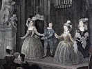 SKU IB00338: hand-colored 18th-century engraving after John Dryden, showing a court scene with several figures in period dress on a stage.