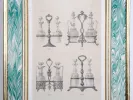 Becquet lithograph, IB00578, showing four illustrated 18th-century oil decanter holders in a gilded wooden frame.