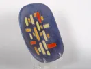 Guy Trevoux plate, SKU IB01061, square ceramic plate with abstract hand-painted blue, yellow, orange and red design.