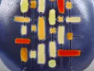 Guy Trevoux plate IB01061, square painted ceramic plate with abstract blue, yellow and orange geometric design.