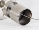 Chrome steel lamp base, SKU IB01200, with two cylindrical bodies and original shade, shown in close-up.