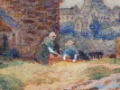 Aquarelle "Le village" de Picard, SKU IB01261, montrant des figures et des maisons de village dans des tons bleus et bruns.