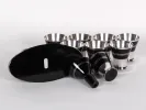 IB01315 Art Nouveau liquor set with black and silver striped crystal decanter, tray, and eight cups.
