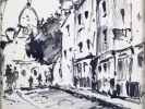 SKU IB01508 : dessin à l'encre de Montmartre, avec traits noirs et gris, montrant une rue et des bâtiments.