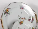 Limoges Porcelain cake set, SKU IB01668, showing a white Art Deco plate with floral and bird decoration and gold-gilded border.