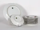 Limoges Porcelain cake set, SKU IB01668, showing a large cake plate and stacked small plates with floral decoration and gilded rims.
