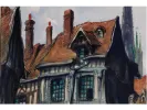 Pierre Le Trividic, IB01713: watercolor of Rouen rooftops and chimneys, with steep red-tiled roofs and blue windows.