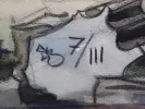 Pierre Le Trividic, IB01713: close-up of a signed watercolor with abstract dark and light forms, showing the artist’s signature on paper.