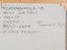 Back of framed oil on canvas by Vladimir Tchernychev, Le Vieux Prunier, with handwritten title and signature; SKU IB01852.