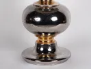 IB01916 ceramic lamp base, silver and gold glazed with two spherical sections and a round foot, shown with a large silver lampshade.