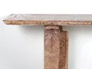 IB02044: 18th-century Brocatelle marble console with rectangular top and carved leaf-coiled support, shown in close-up.