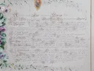 Enluminure dans un cadre Napoléon III, SKU IB02407, avec bordure florale et texte manuscrit en français sur papier.
