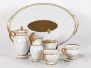 Limoges Porcelain IB02457 طقم تيتاتيت إمبراطوري من خزف أبيض ومذهّب مع صينية وإبريق شاي وسكرية ووعاء قشدة وفنجانين.