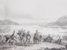 مطبوعة «Combat de Salo» لهيبوليت لوكونت - IB02520، تُظهر جنودًا على خيول ومشهد معركة قرب بحيرة.