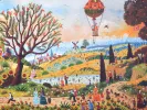 SKU IB02571, lithographie d'Alain Thomas « Scène Champêtre » : paysage champêtre coloré avec arbres, champs, personnages, étang et montgolfière.