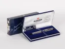 Aurora Ipsilon sterling silver fountain pen, SKU IB02844, shown in blue presentation box with Aurora branding.