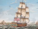 IB04307 gravure marine aquarellée d’un navire de guerre anglais à trois mâts naviguant en mer.