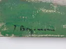 IB04325, huile sur toile signée Jehan Berjonneau, gros plan d’une surface peinte verte avec signature noire.