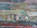 Georges Roudneff, SKU IB04372, aquarelle « La Plage » montrant une scène de plage abstraite aux couleurs douces.