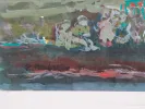 SKU IB04372, Georges Roudneff, aquarelle abstraite « La Plage » avec formes de plage et figures en couleurs atténuées.