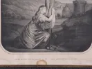 Engraving “Jésus Meurt sur la Croix” (SKU IB04376), showing Mary Magdalene kneeling and embracing Jesus’ feet at the cross, in a gilded wooden frame.