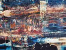 Marvin Kanarek, IB04390, huile sur panneau abstraite avec couches de bleu, orange, beige et rouge.