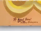 Œuvre de Juliana Seraphim, SKU IB04571, montrant des formes courbes dorées et crème sur fond pêche, avec la signature et la dédicace visibles.