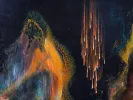 Leonardo Nierman, IB04581, tableau abstrait Magic Fire avec fond sombre, traits verticaux orange et formes multicolores lumineuses.
