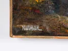 Leonardo Nierman, Magic Fire, SKU IB04581 : gros plan du tableau abstrait signé dans un cadre en bois doré.