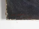 Close-up of the lower corner of Ardash Kakafian’s oil on canvas, "La Vieillesse" (SKU IB04951), showing dark textured paint and the red signature.