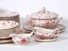 Johnson Brothers IB05010 English Rose Chintz table set, floral pink-and-green earthenware with stacked plates, tureen and sauce boats.