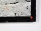 SKU IB05138, Gino Gregori, "Montagne Jaune": close-up of a signed abstract oil on canvas with white, gray and black brushstrokes in a black frame.