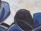 Gino Gregori, « Baobab Bleu » (IB05143), huile sur toile abstraite avec formes bleues et noires sur fond clair texturé.