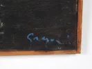 Gino Gregori, Le Couple, IB05145 : gros plan du coin inférieur signé sur une huile sur toile sombre avec bord de châssis en bois.