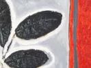 Gino Gregori, Plante en Pot, IB05146: close-up of an abstract oil painting with black oval forms on a pale background and a red vertical band.