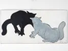 IB05150, Gino Gregori, peinture de deux chats face à face sur fond blanc, l’un noir et l’autre gris.