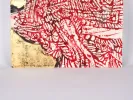 Victor Laks, IB05165, abstract composition with red organic lines on a gold background.