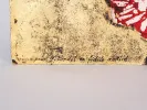 Victor Laks abstract composition, 1971, mixed technique on gold background, detail with red and black paint, SKU IB05165.
