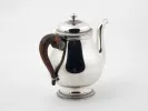 Christofle Gallia silver-plated tea pot, SKU IB05792, with wood handle and domed lid shown on white background.