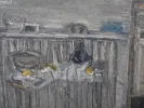 Claude Jouhanneau, IB07227: abstract mixed-media painting on canvas in gray tones with blue and yellow accents.
