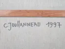 تكوين مجرد لكلود جوهانيو على قماش، موقّع ومؤرخ 1997، يظهر ظهر اللوحة مع اسم الفنان والرمز IB07236.