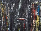 Claude Jouhanneau Abstract Composition 2003, IB07237: abstract textured painting with dark background and vertical streaks of white, red, blue, and yellow.