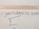 Claude Jouhanneau abstract composition, signed and dated 2003, close-up of canvas back with artist name and SKU IB07237.