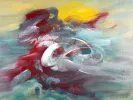 Felicia Sewicki, IB07244 : peinture acrylique abstraite aux touches jaunes, bleu-vert, rouges et blanches.