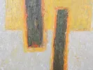 Maurice Mante, composition abstraite géométrique en huile, jaune et blanc avec formes verticales sombres, signée et datée 1990, SKU IB07255.