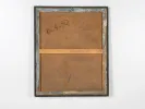 Maurice Mante, SKU IB07255 : dos d’une huile sur toile abstraite avec toile brune, châssis en bois et inscriptions manuscrites.
